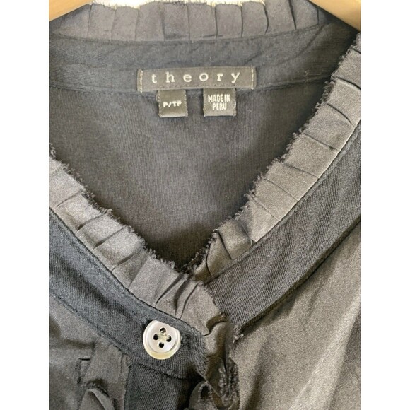 Revolve Theory Silk Black Ruffle Pima Cotton Button Up Cardigan Large Petite - Picture 2 of 8